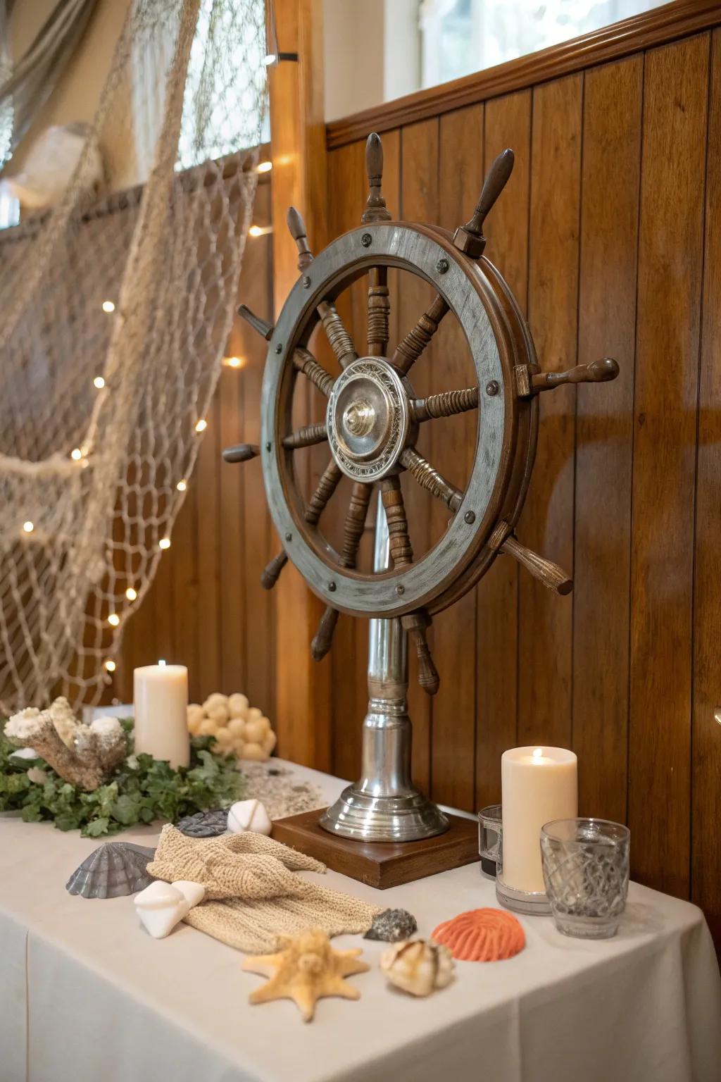 A ship's wheel centerpiece anchors the theme.