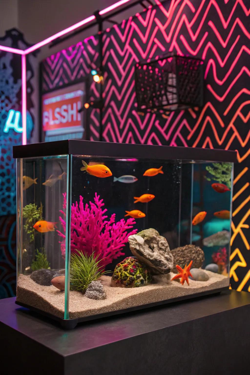 A varied mix of fluorescent styles crafts a uniquely vibrant aquarium.