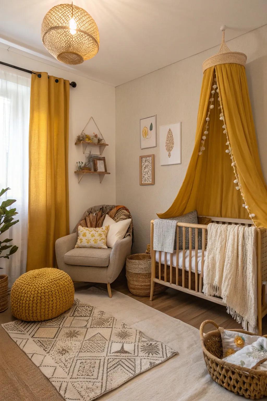 A nursery featuring subdued saffron accents.