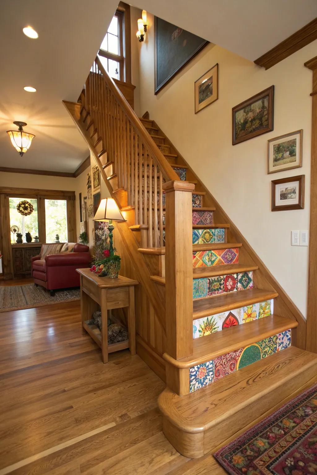 Accent colors adding a lively touch to an oak staircase.