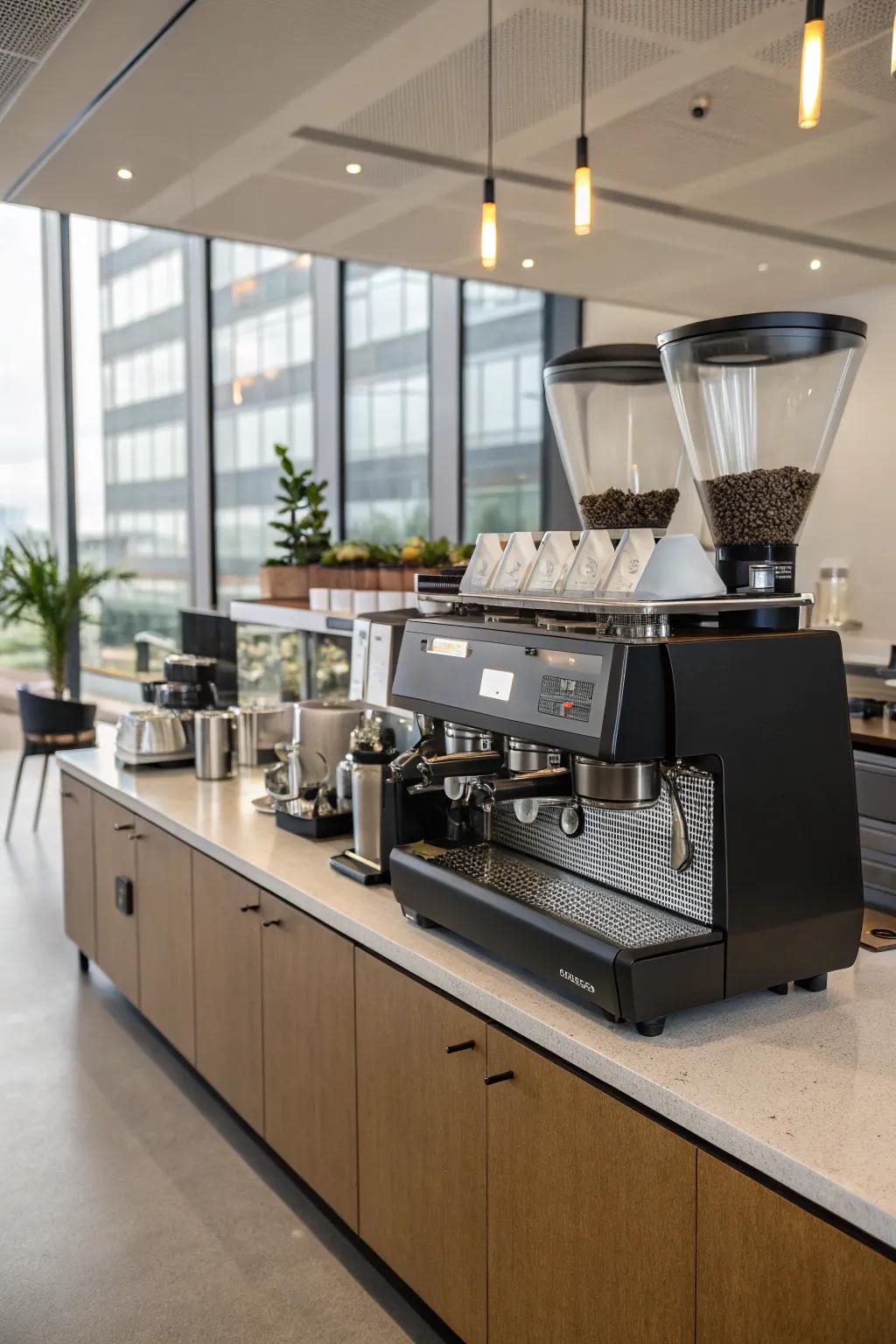 A coffee shop-inspired setup enhances your office coffee experience.