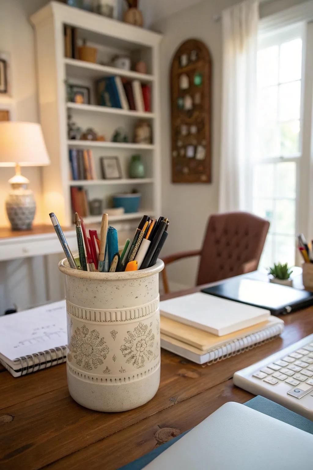 Use a fashionable jug holder to arrange your workplace supplies.
