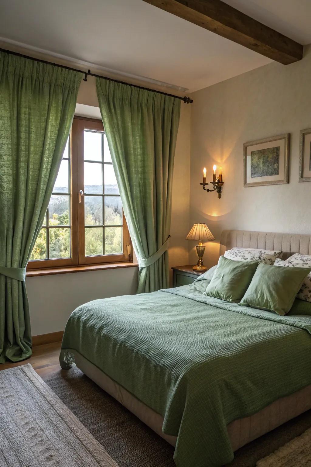 Deep moss green window coverings finalize the cohesive appearance alongside the bedding.