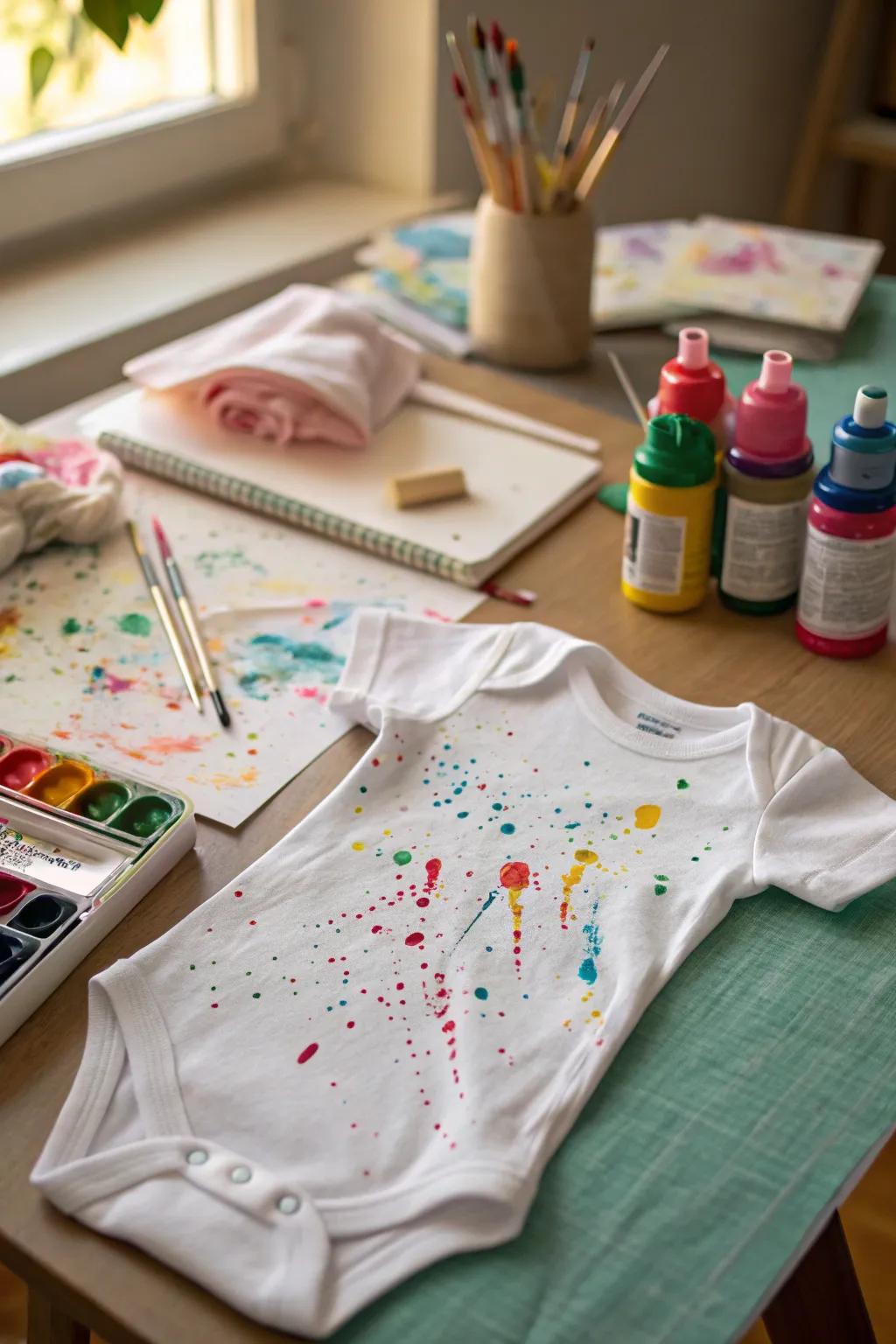 An artistic onesie showcasing a vibrant color spray design.