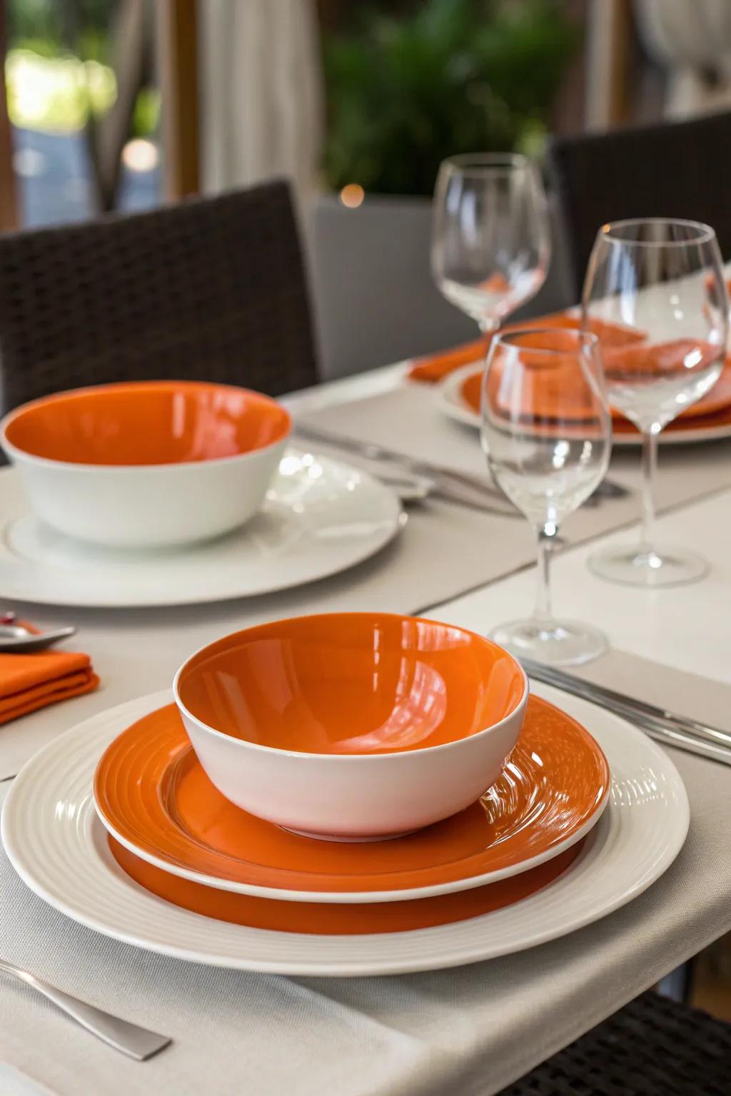 Vibrant tangerine and ivory dinnerware elevates the dining experience.
