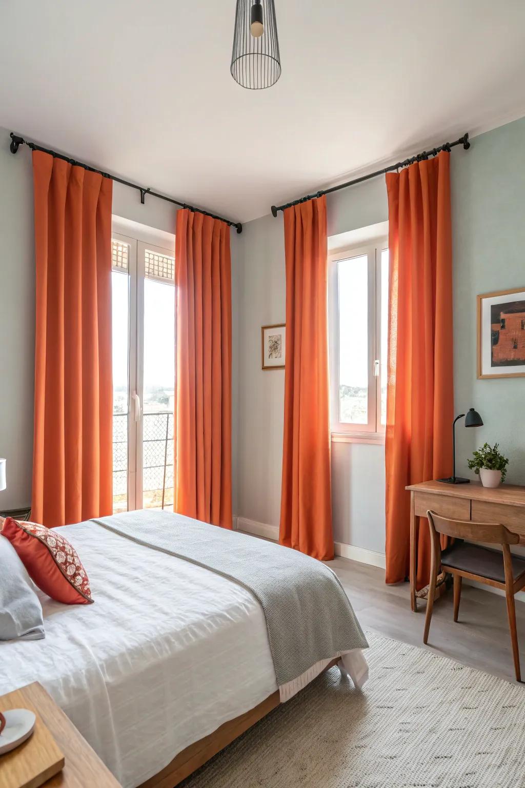 Orange curtains add a vibrant touch to the d&eacute;cor.