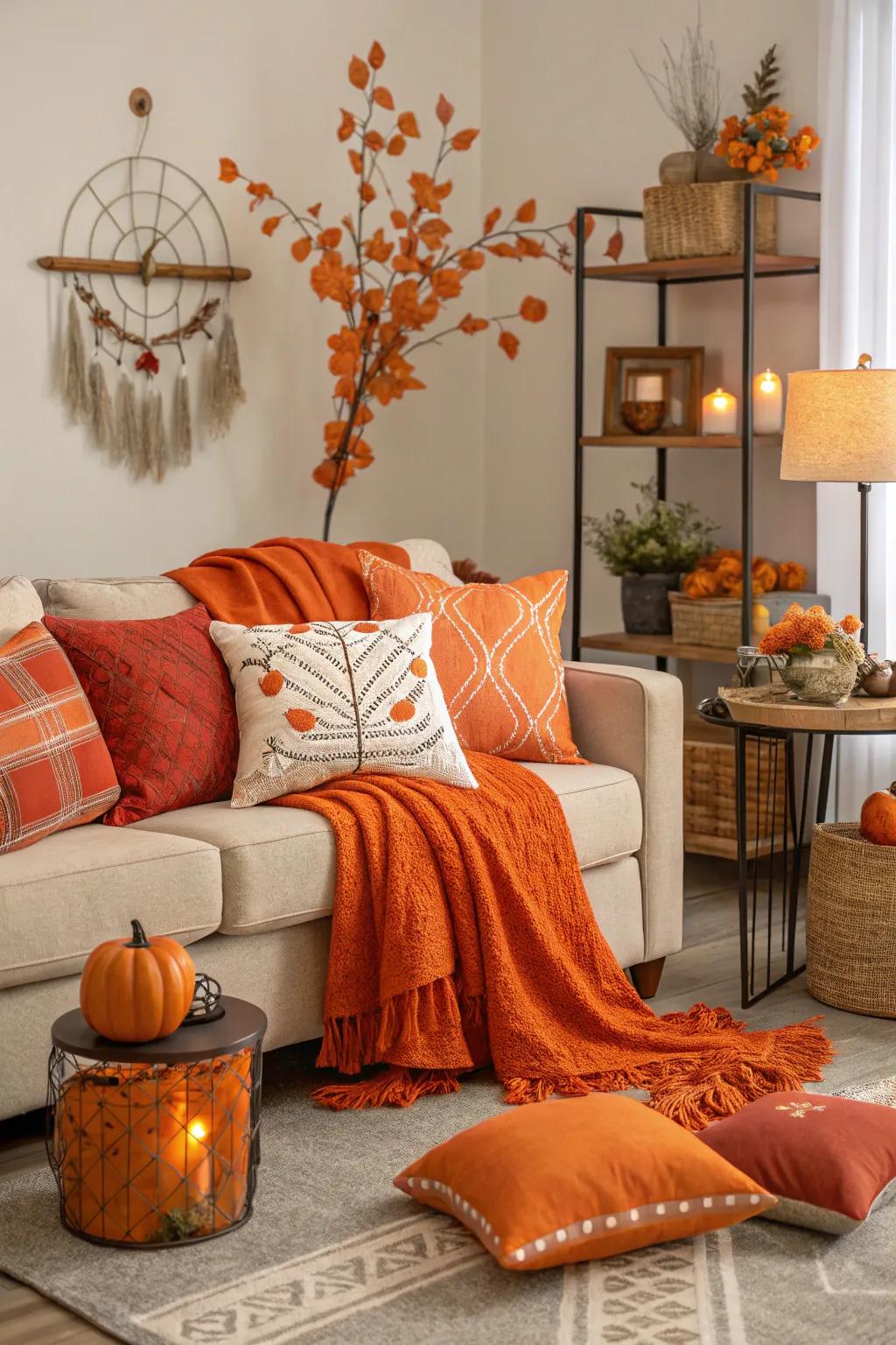 Seasonal orange decor keeps the family room revitalized and vibrant year-round.