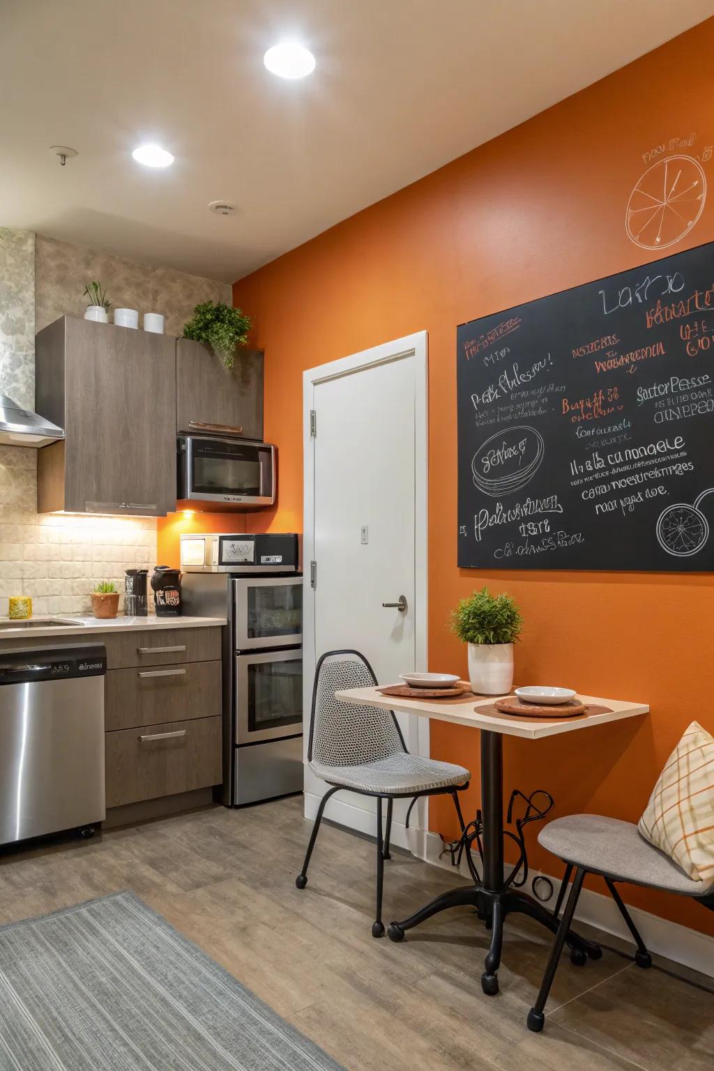 A kitchen that mixes fun and function with an orange chalkboard wall.