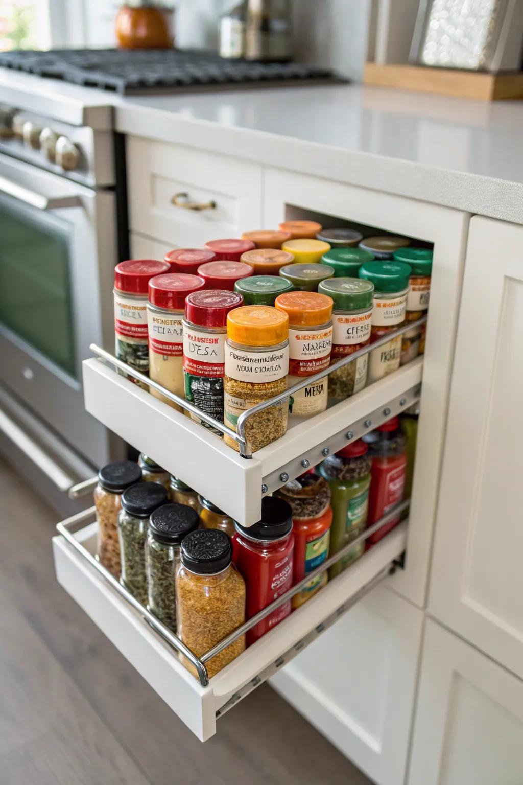 Pull-out spice racks guarantee your spices are always within reach.