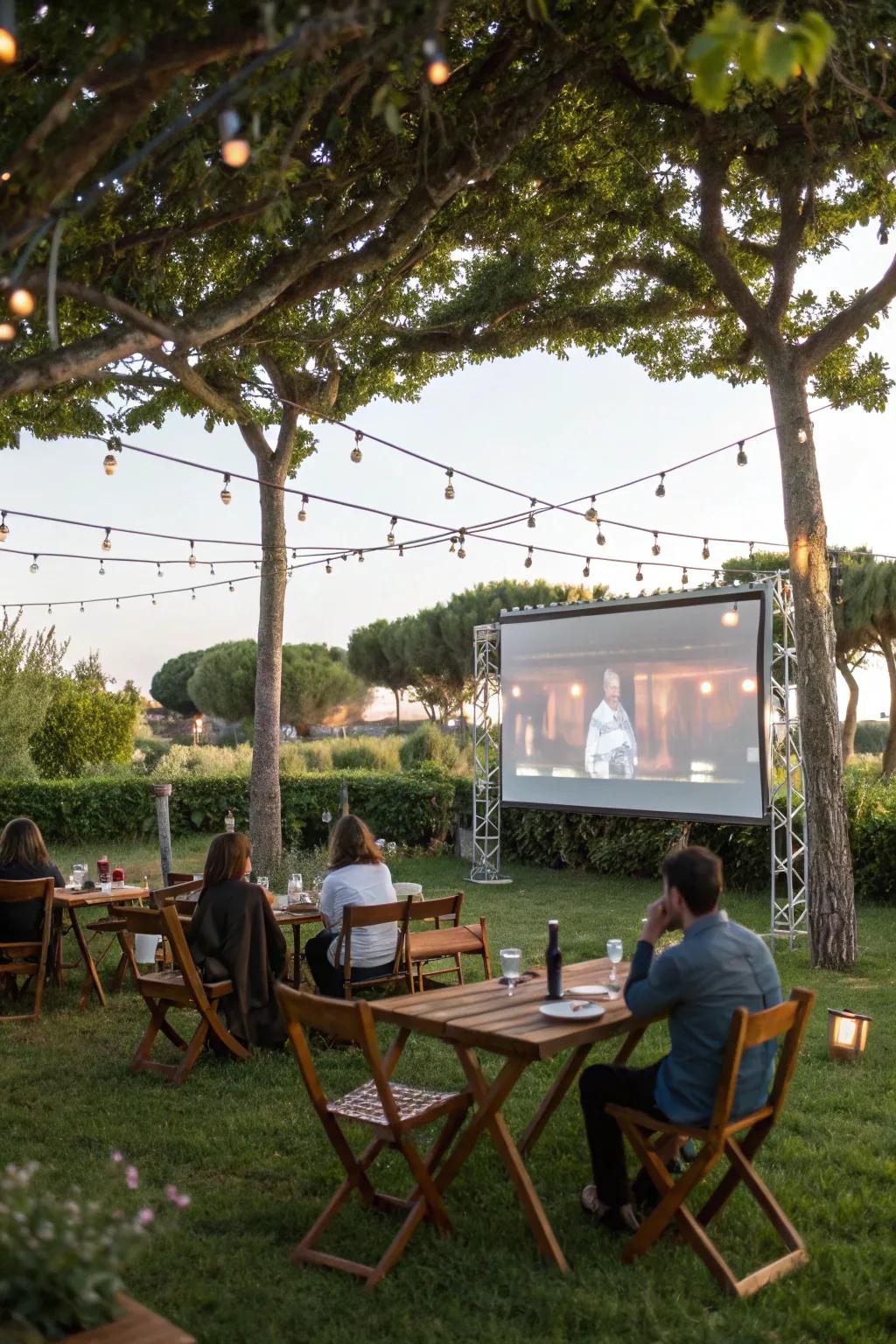An outdoor dining space primed for movie night.