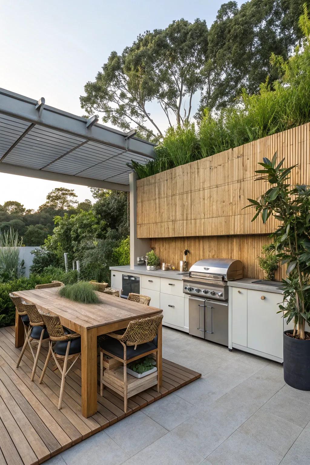 Bamboo panels offer a natural and eco-friendly element to outdoor kitchens.