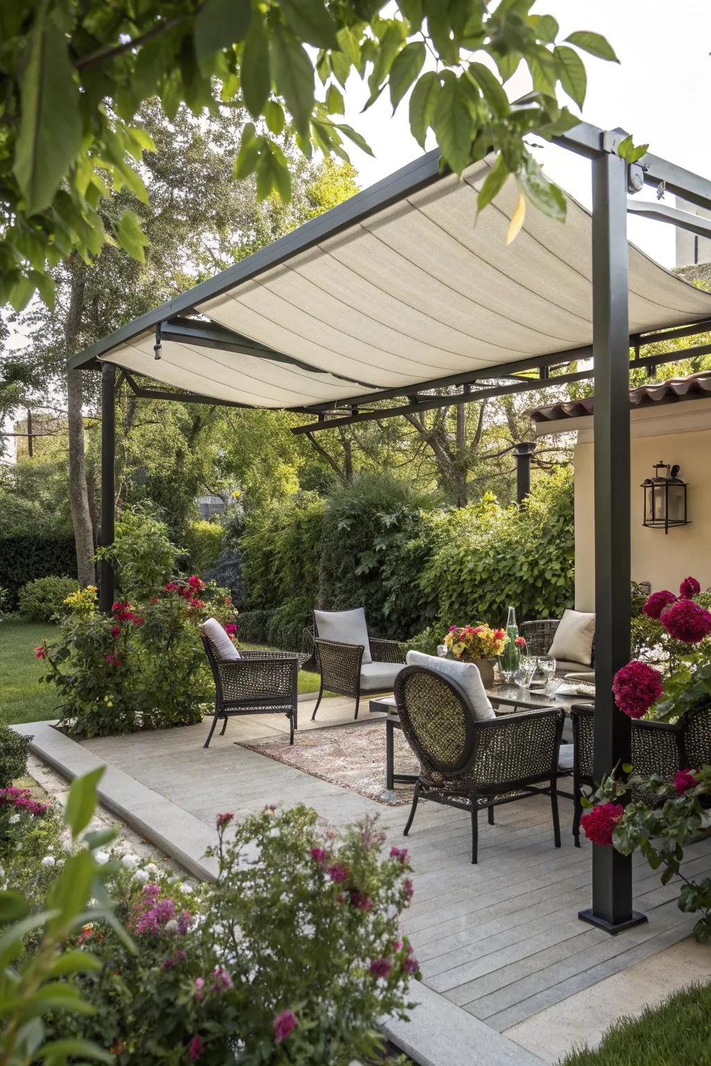 A retractable canopy offers shade and flexibility for your outdoor man cave.
