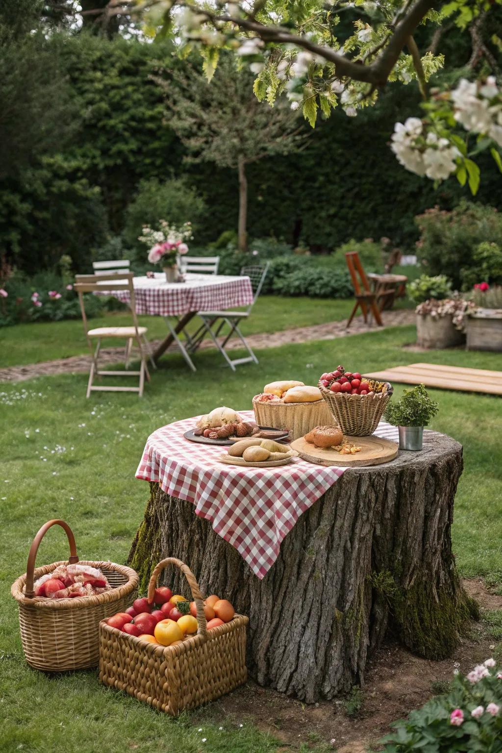A stump-based picnic table offers a charming spot for outdoor meals.