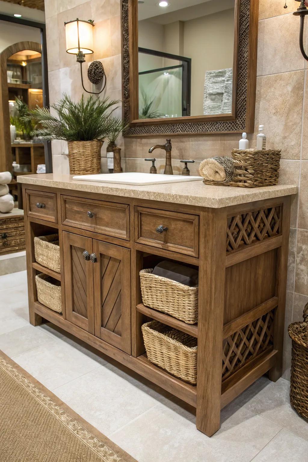 Clay brown vanities provide rustic refinement.
