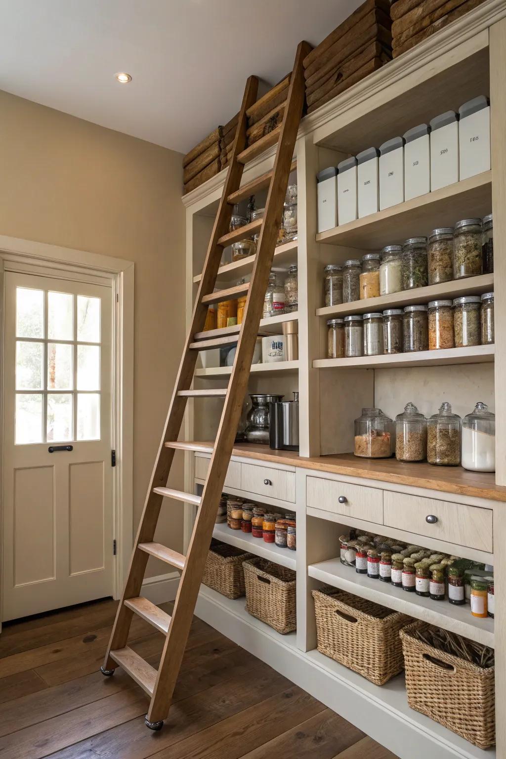 A rolling ladder adds elegance and accessibility to high shelves.