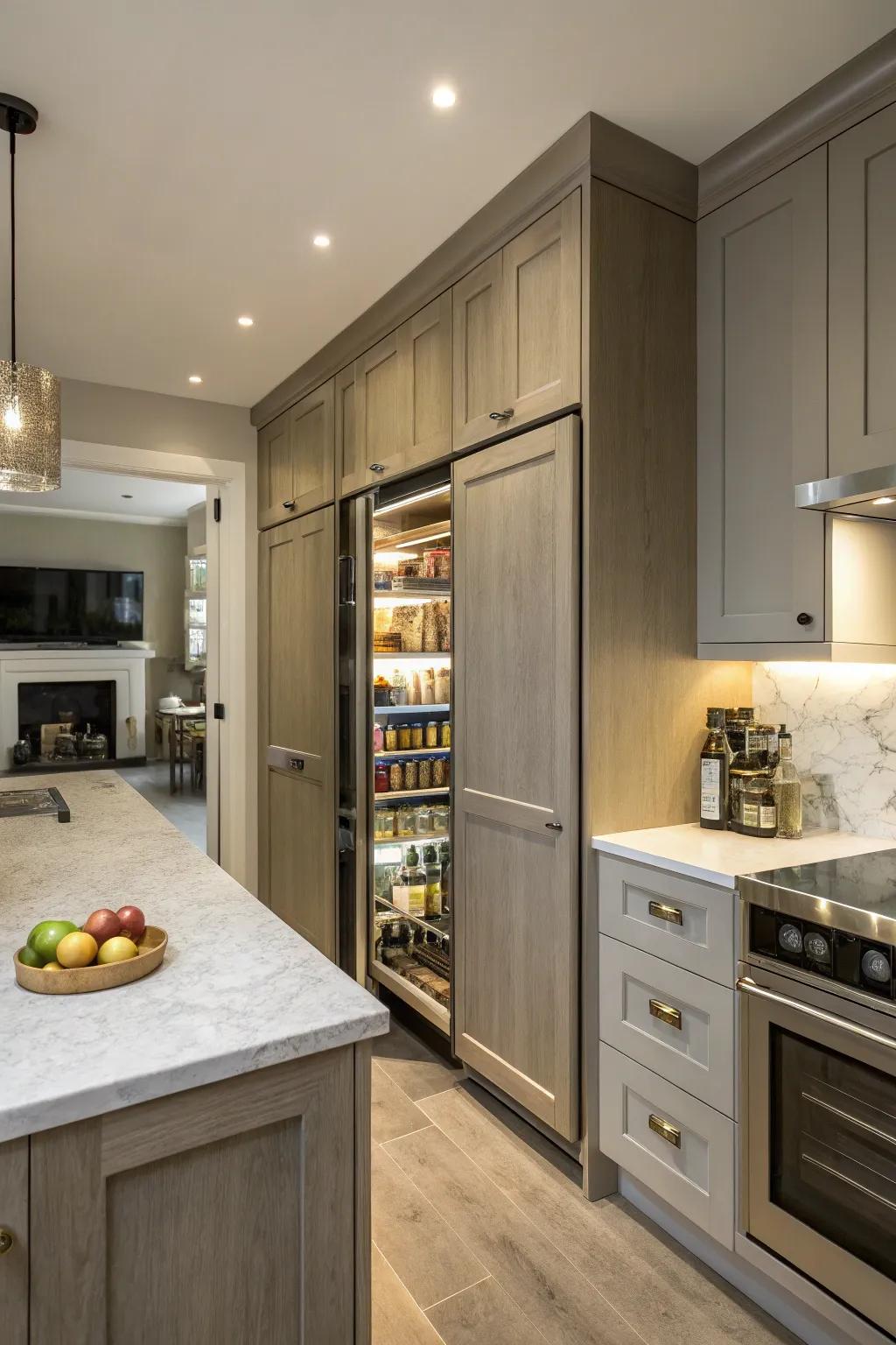 A hidden pantry behind cabinetry adds storage and a sense of surprise to a kitchen.