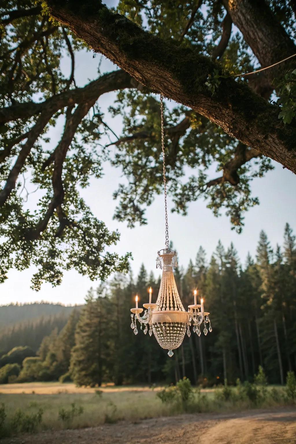 A chandelier injects unexpected elegance to the outdoor setting.