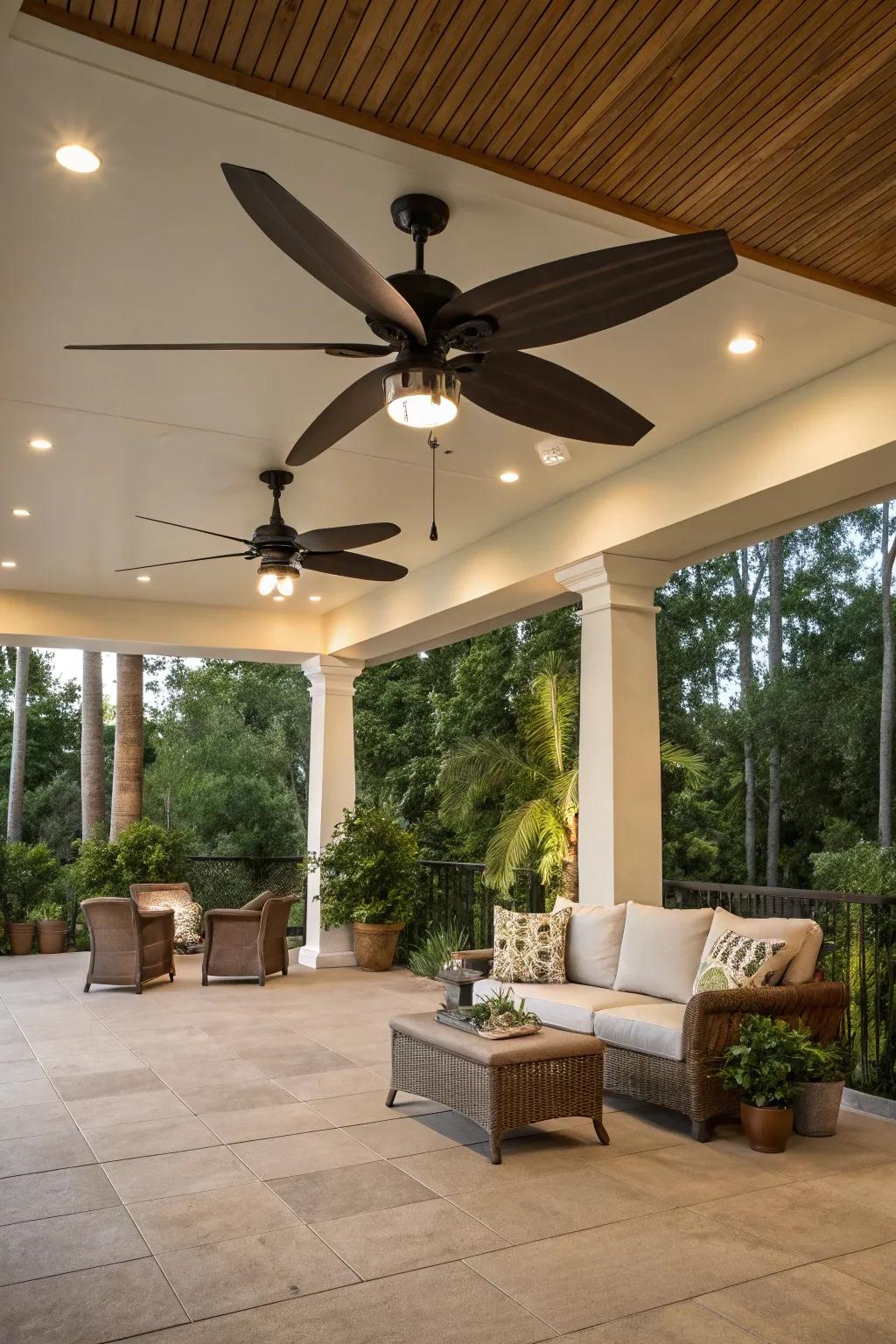 A dynamic deck featuring a dual motor ceiling fan for enhanced airflow.