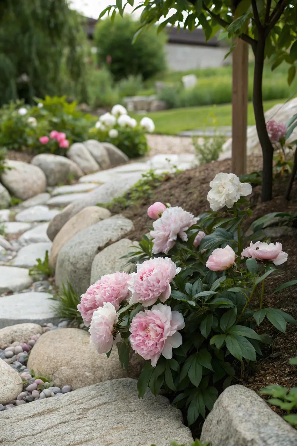 A rustic-chic garden with peonies and stone elements.