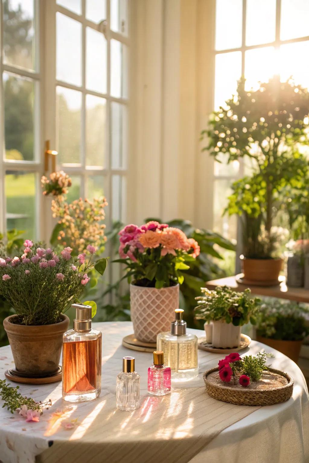 A garden-inspired table combining perfumes and plants, bringing a natural touch indoors.
