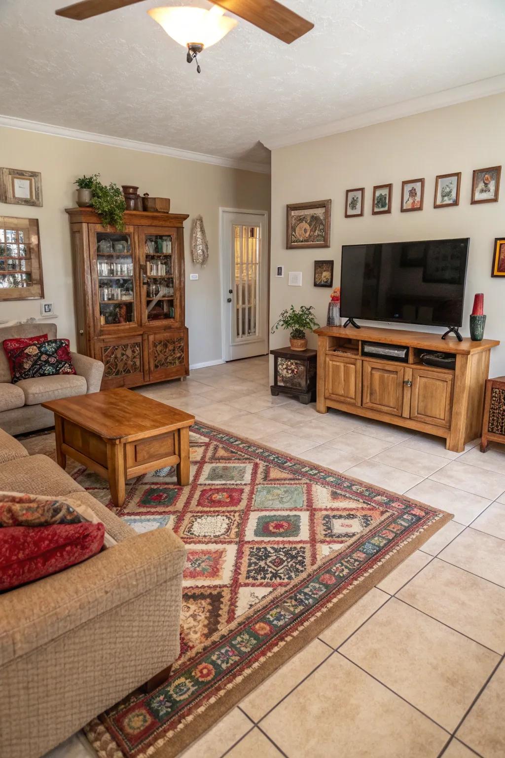 A varied blend of flooring adds personality to family areas.