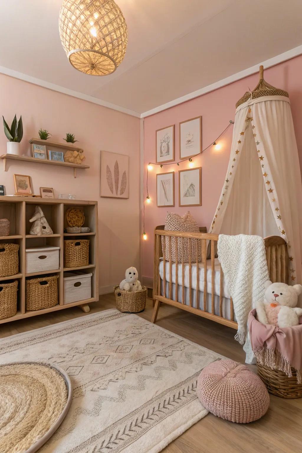 A nursery design that expertly blends pink with earthy tones to create a nurturing and cozy atmosphere.