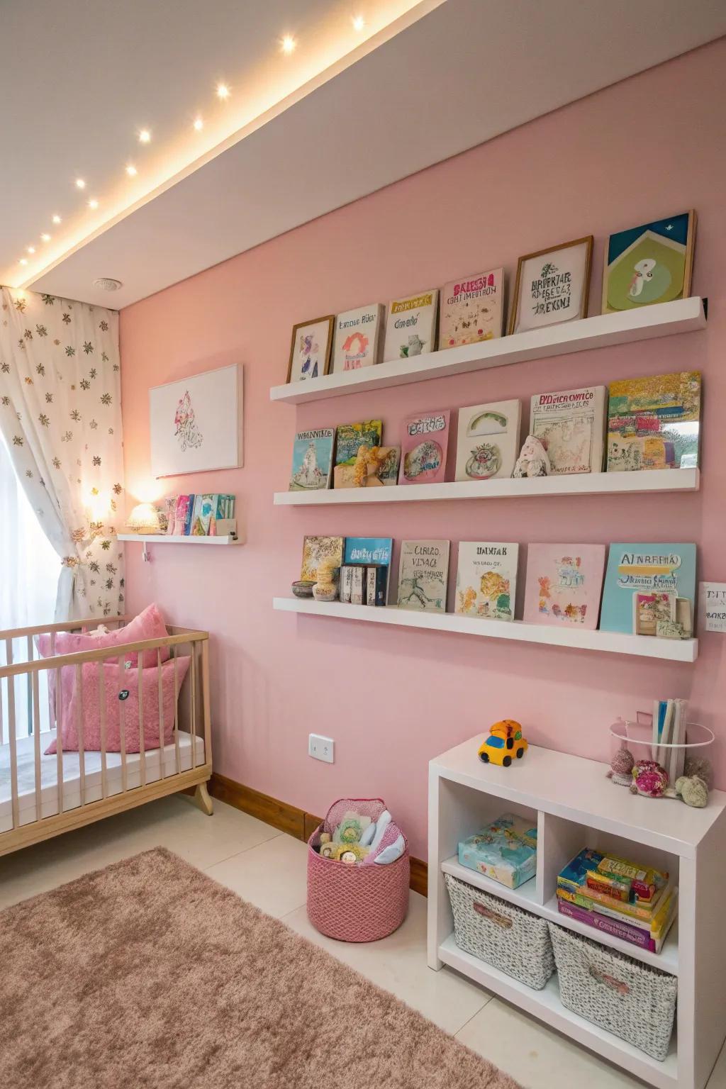 Inventive wall shelves provide stylish storage and display.