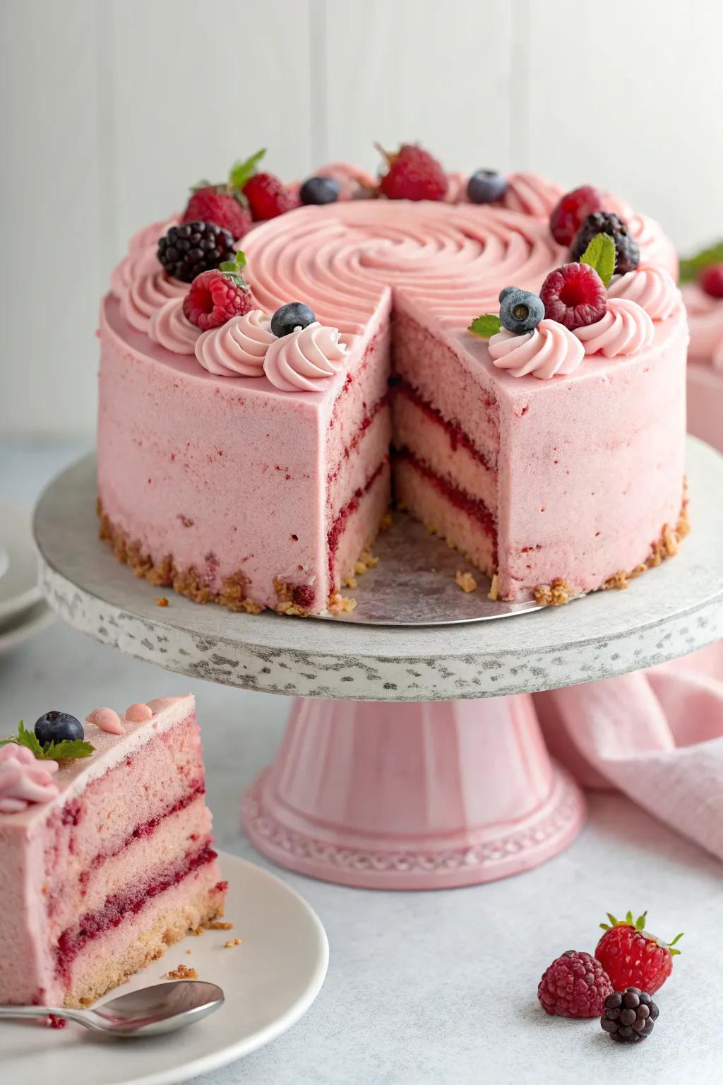 Pink velvet cake is a stunning centerpiece for any dessert table.