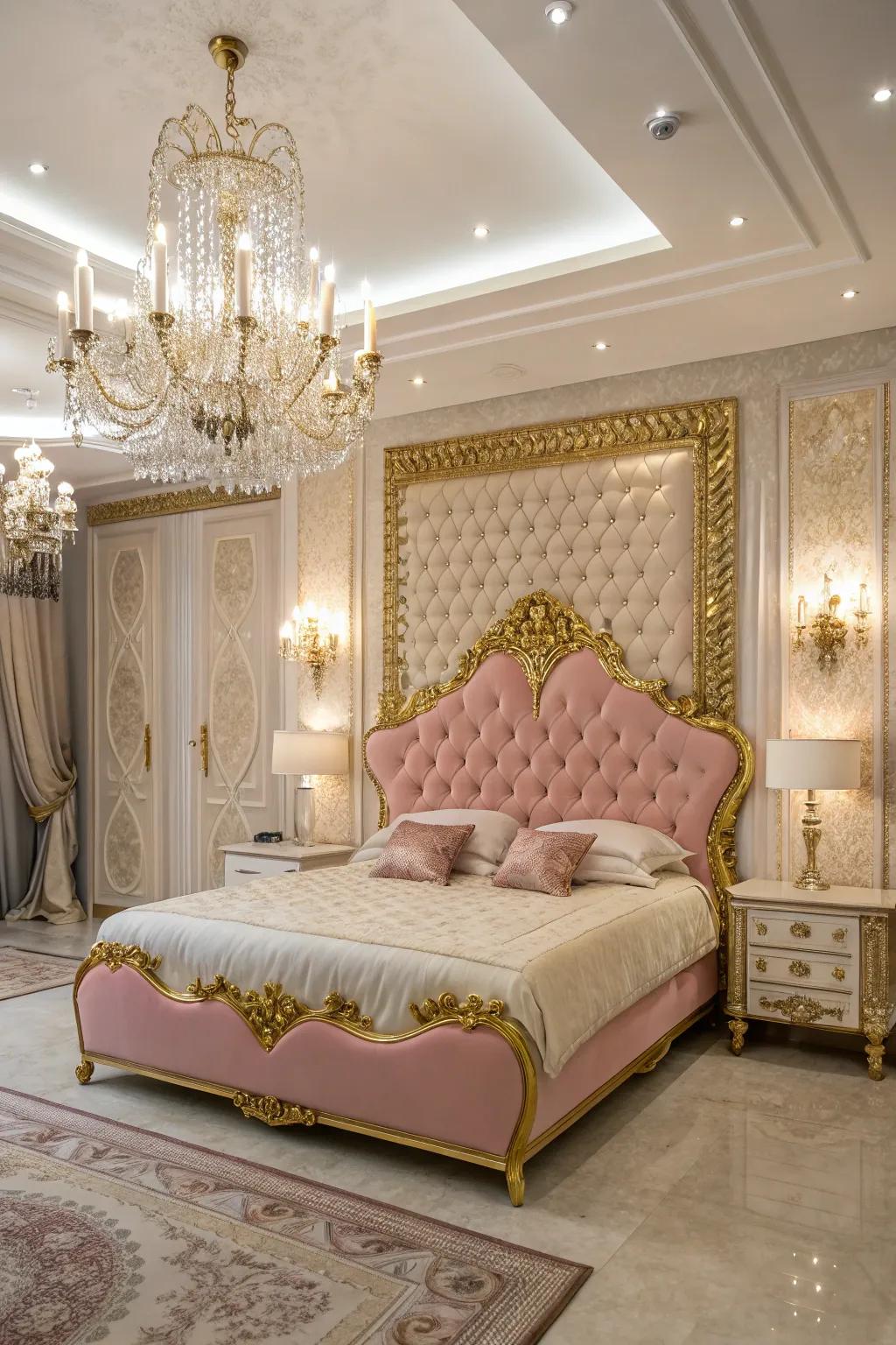 A glamorous and luxurious bedroom with a pink and gold headboard.