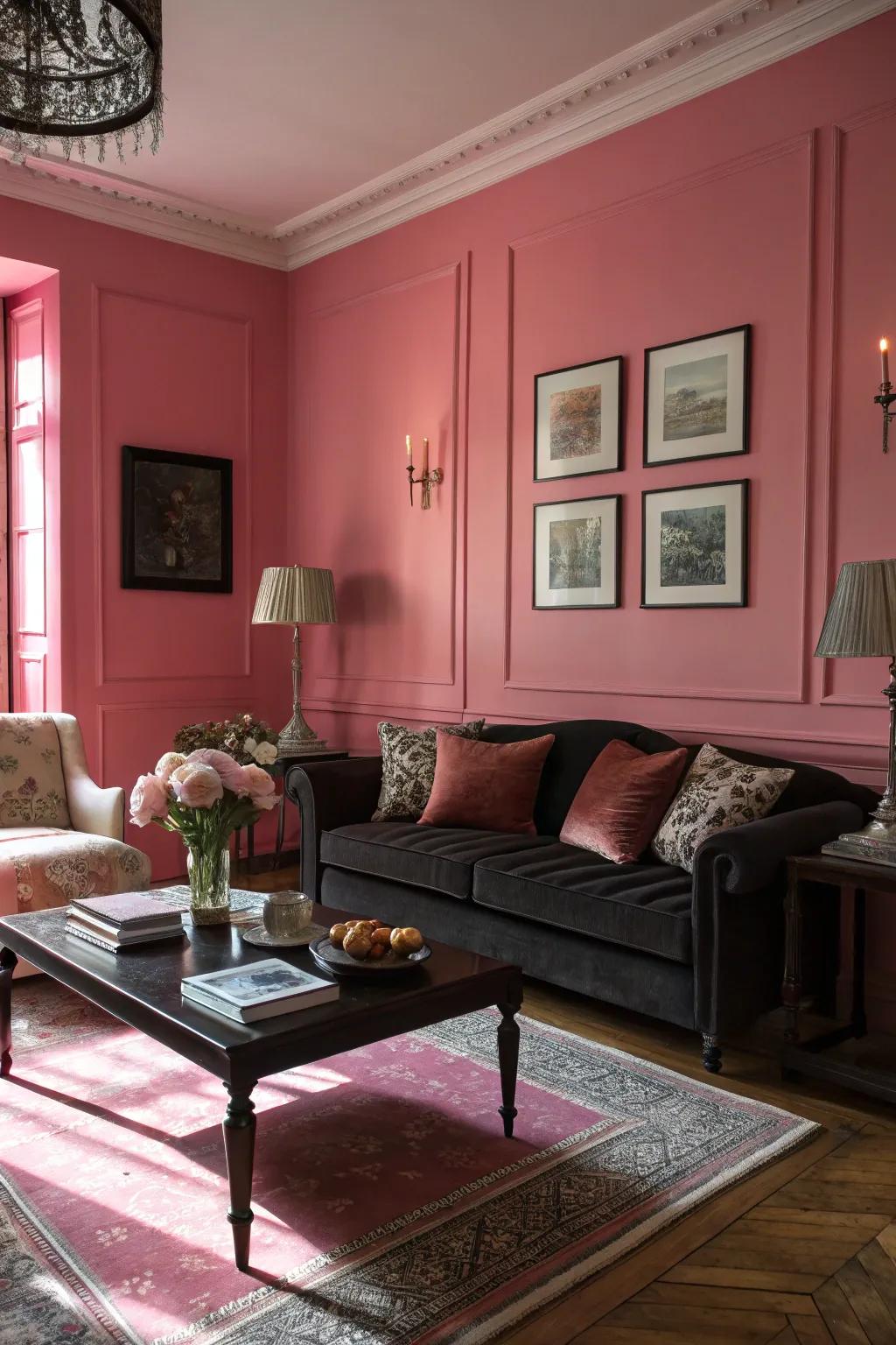 Dark furniture contrasts beautifully with pink walls.