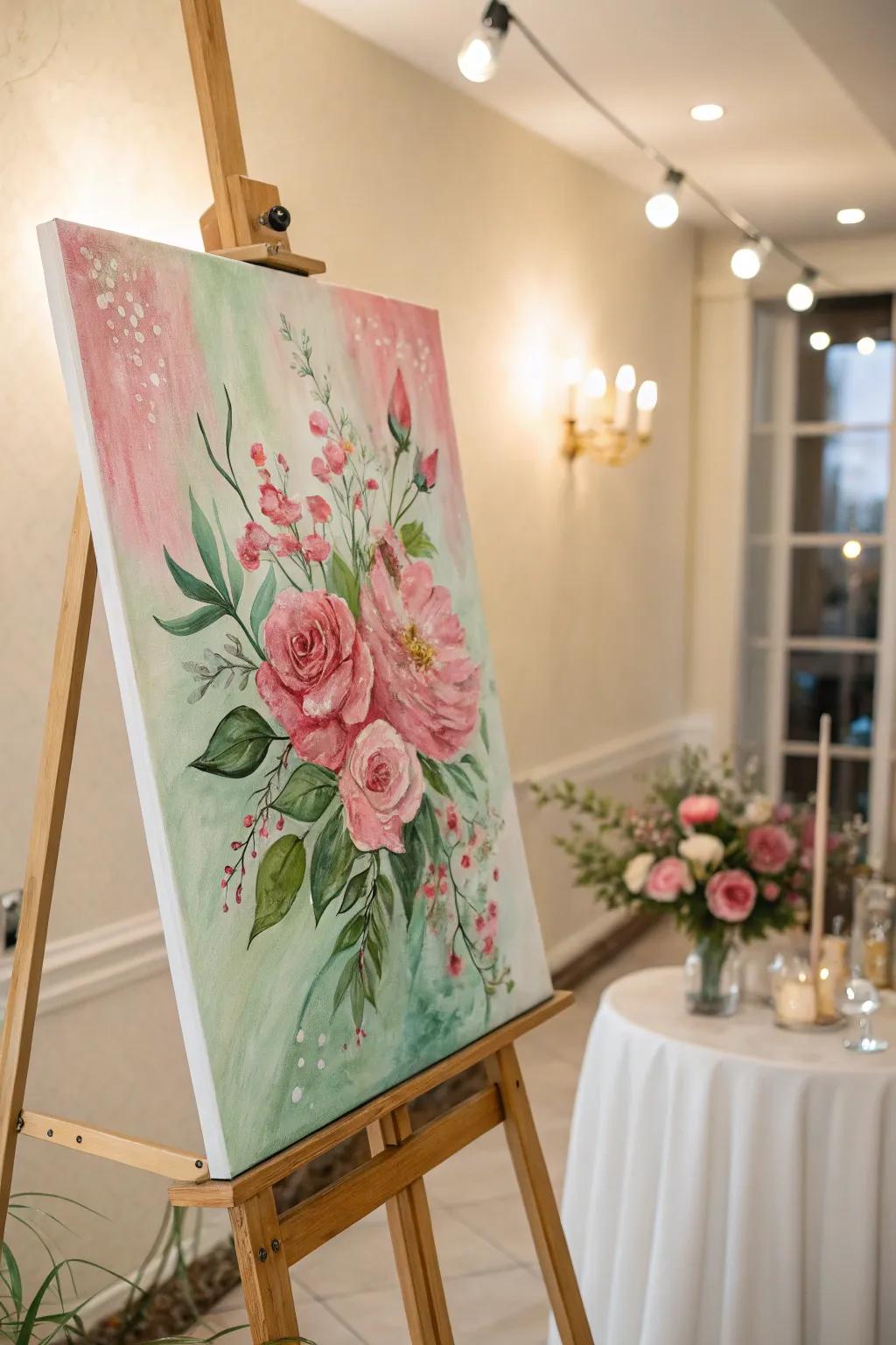 A harmonious painting featuring pink and green colors.