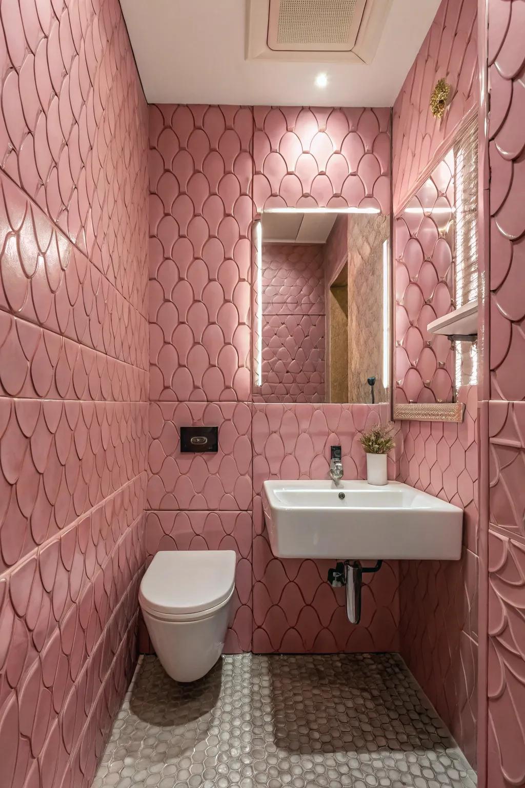 Textured tiles adding depth to the bathroom walls.