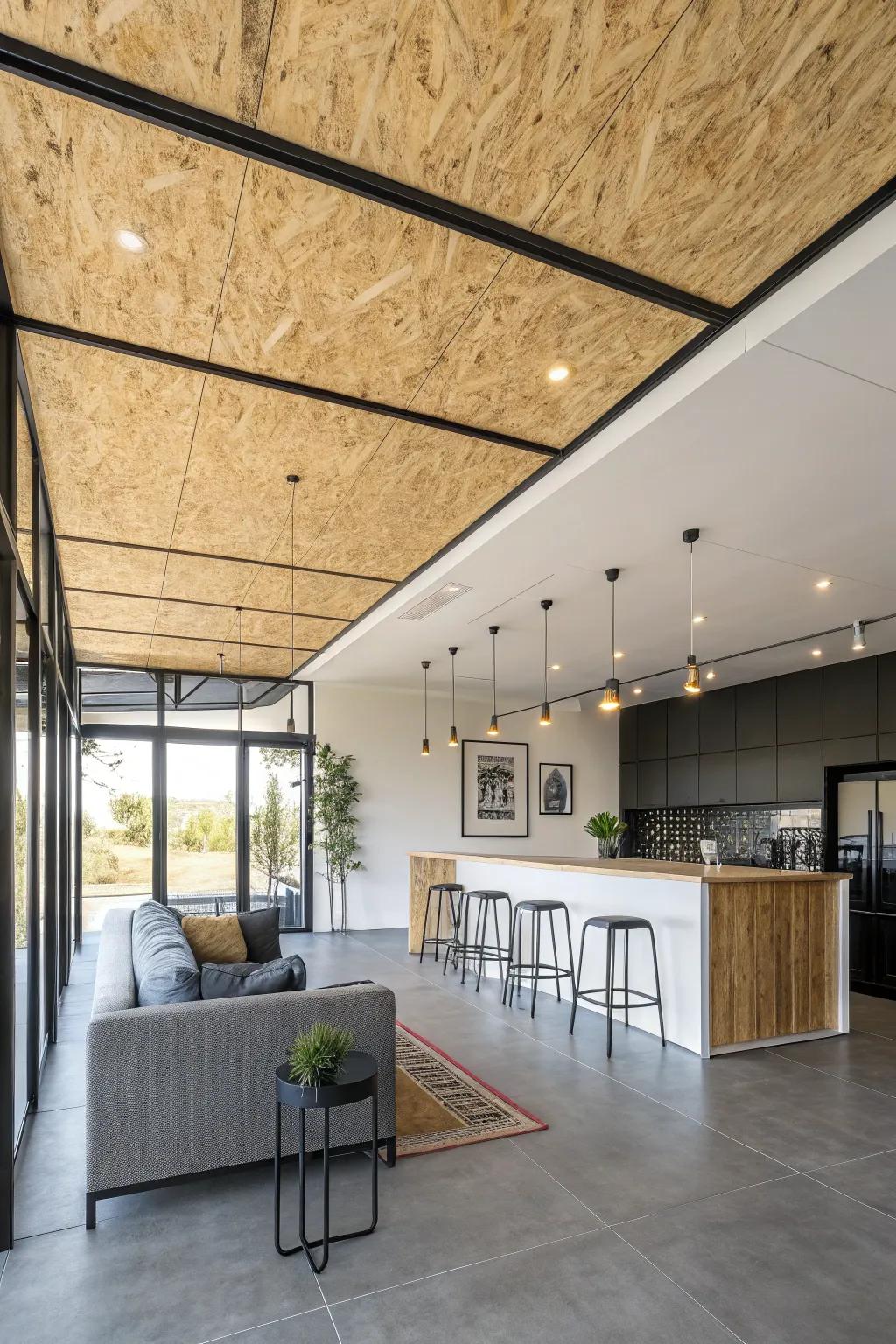 A contemporary room in which complementary pieces enhance the plywood ceiling's appeal.