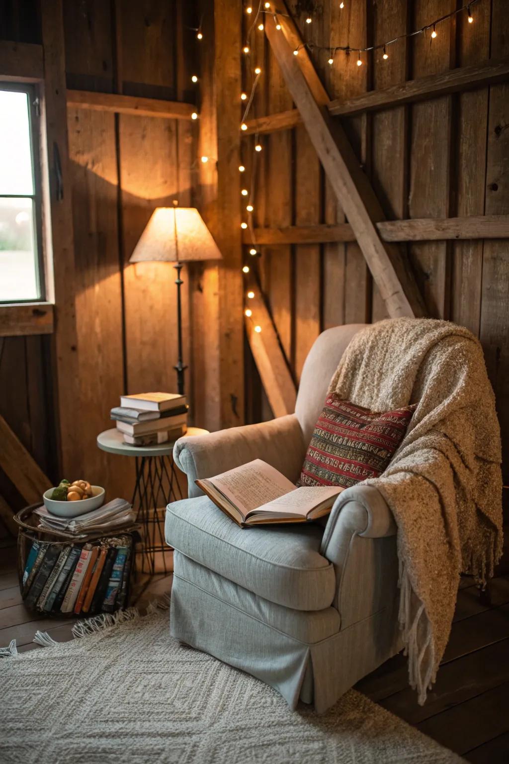A snug reading space inside a pole barn equipped with a comfy chair and soft lighting.