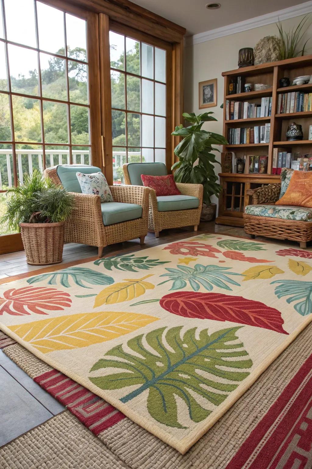 Island inspired rugs beautifully anchor decor.