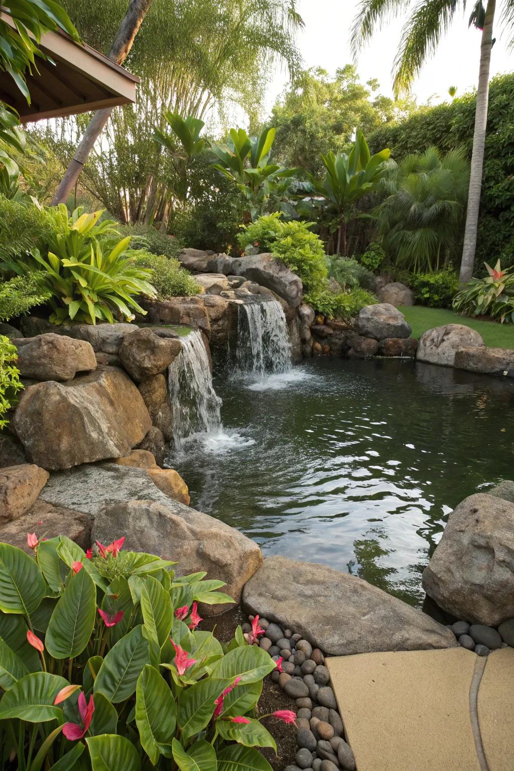 A backyard pond with a cascading waterfall for a tropical ambiance.