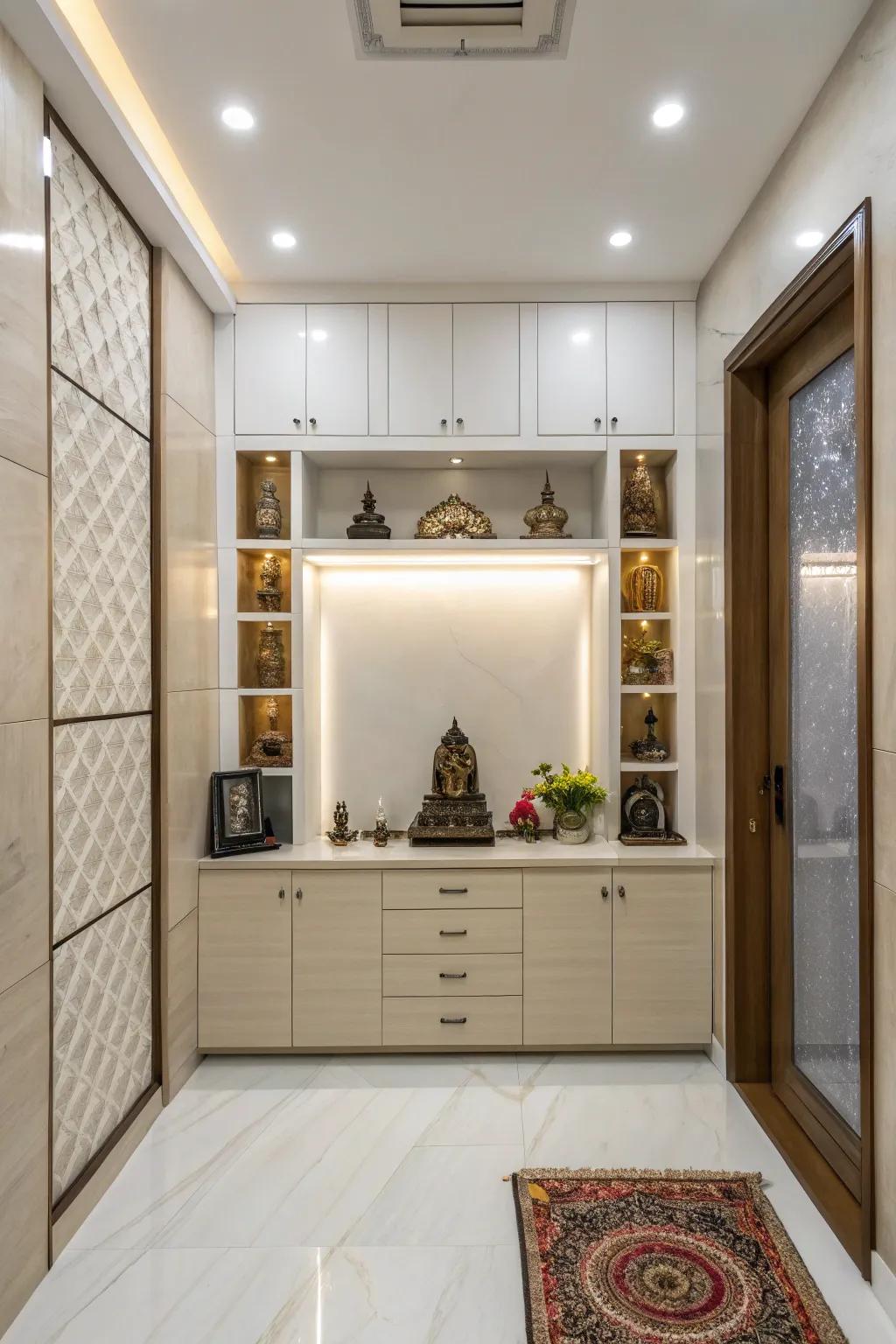 Hidden storage solutions help to keep the pooja room peaceful and tidy.