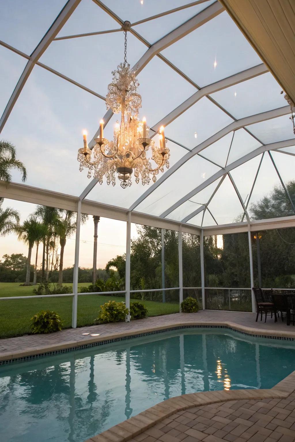 An outdoor chandelier gives off an air of unexpected glitz.