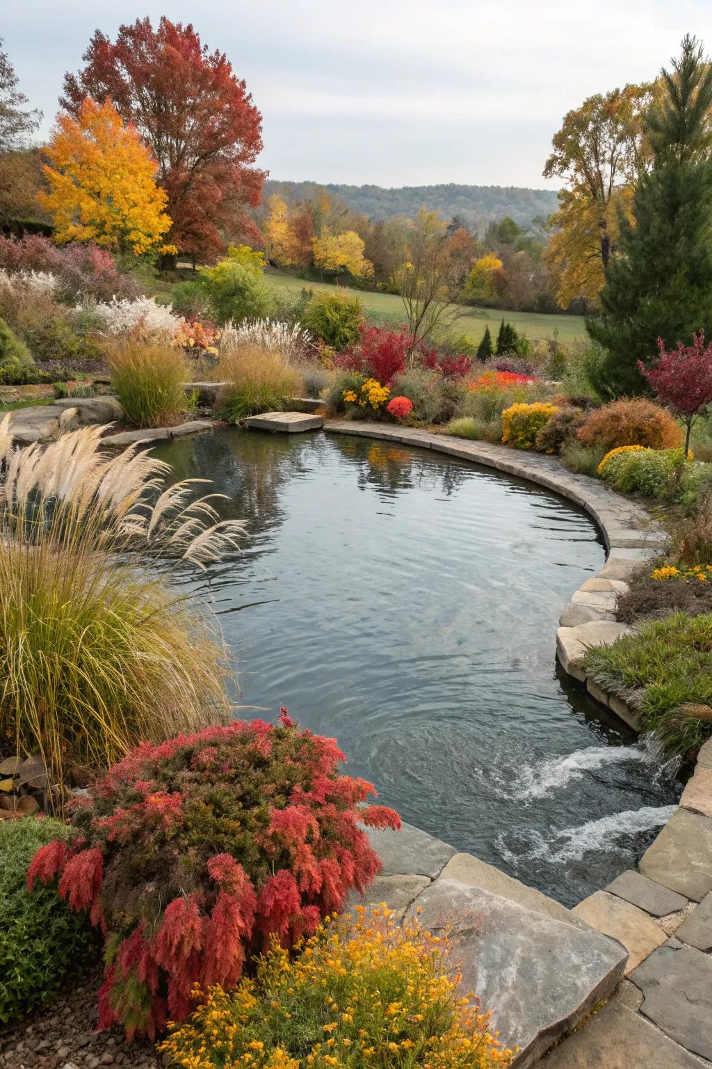A pool pond showcasing season inspired plantings.
