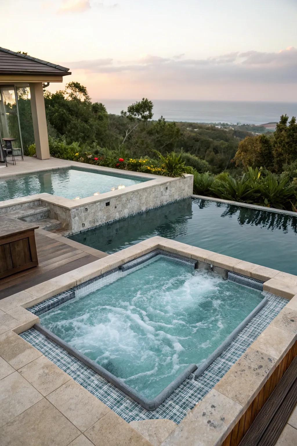 A multi-tier pool and spa offer varied swimming and soaking experiences.