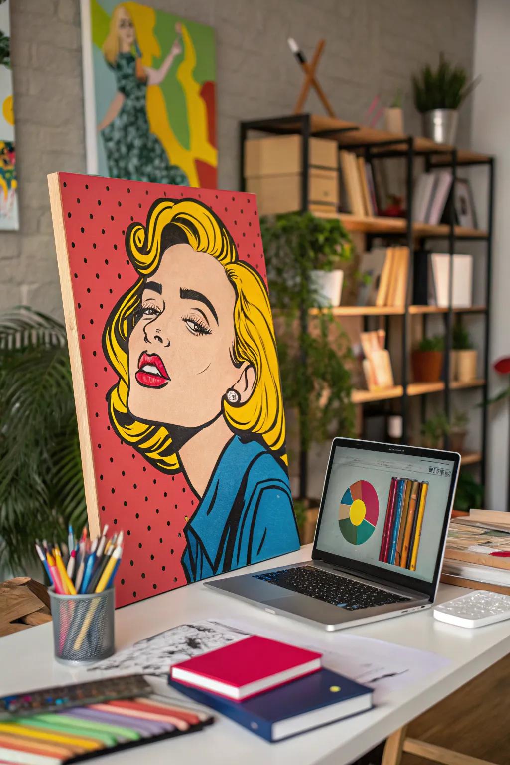 A humorous pop art painting of a meme brings life to the workspace.