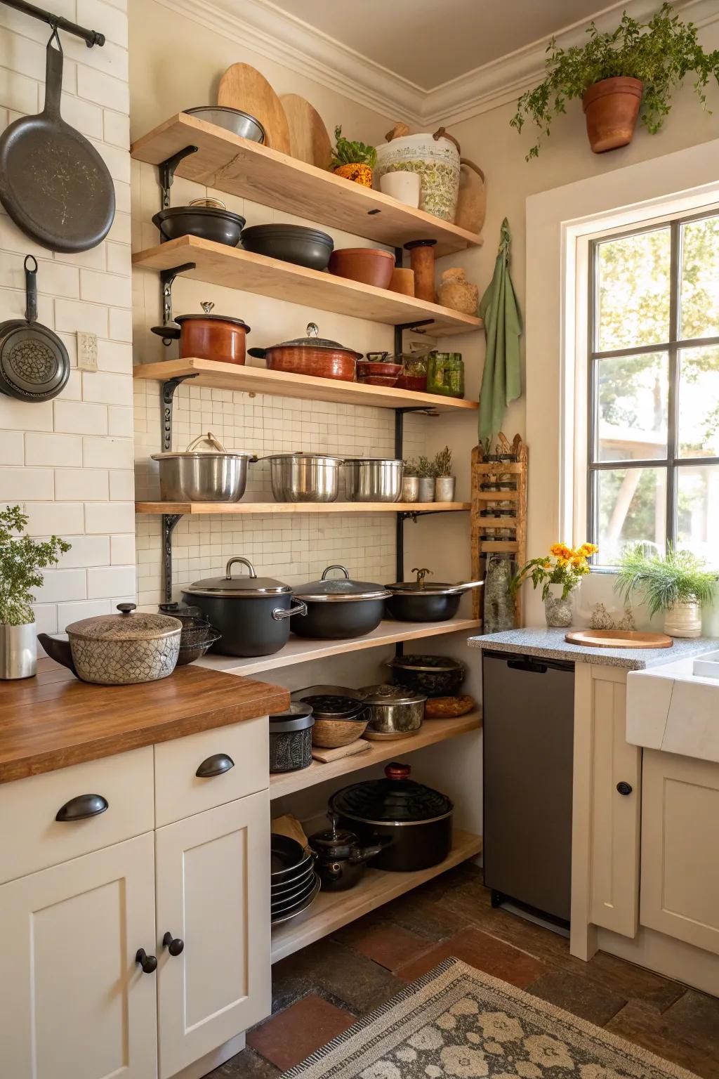 Open shelves display cookware beautifully while being practical.