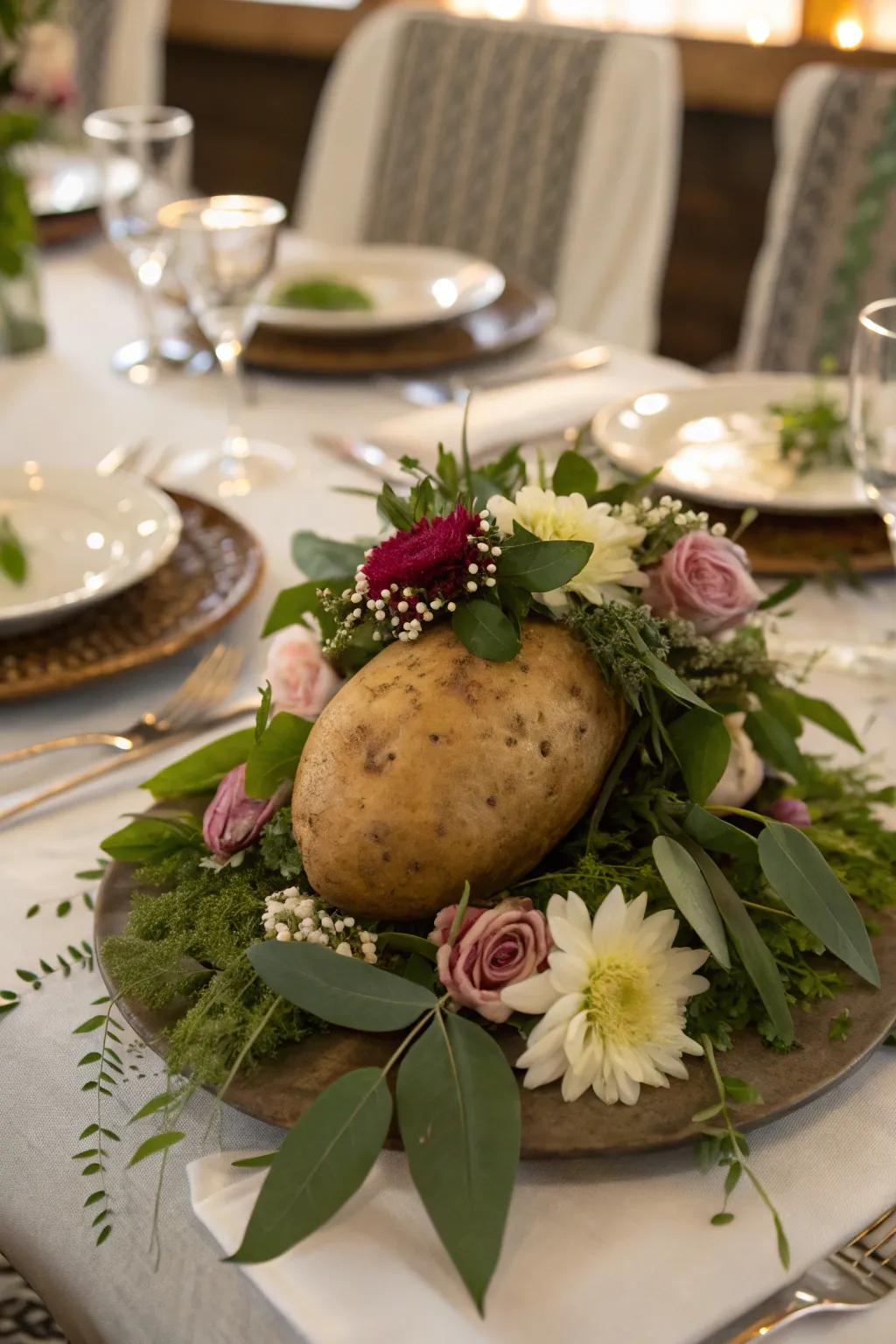 A captivating potato centerpiece for your table.