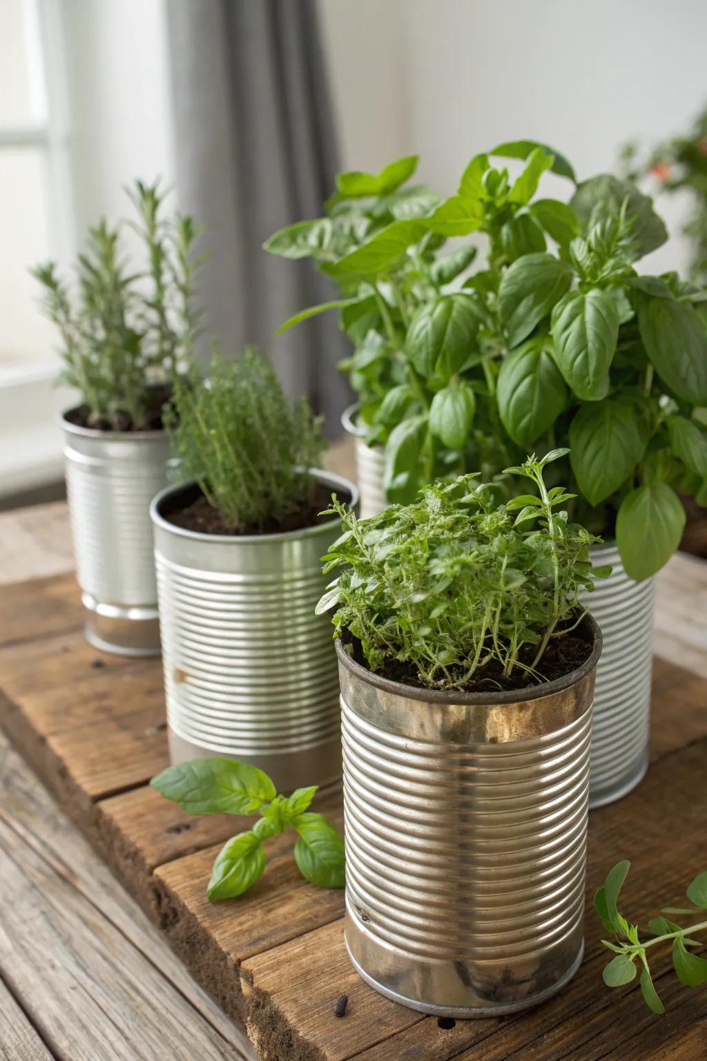 Recycled containers bring sustainability and style to plant displays.