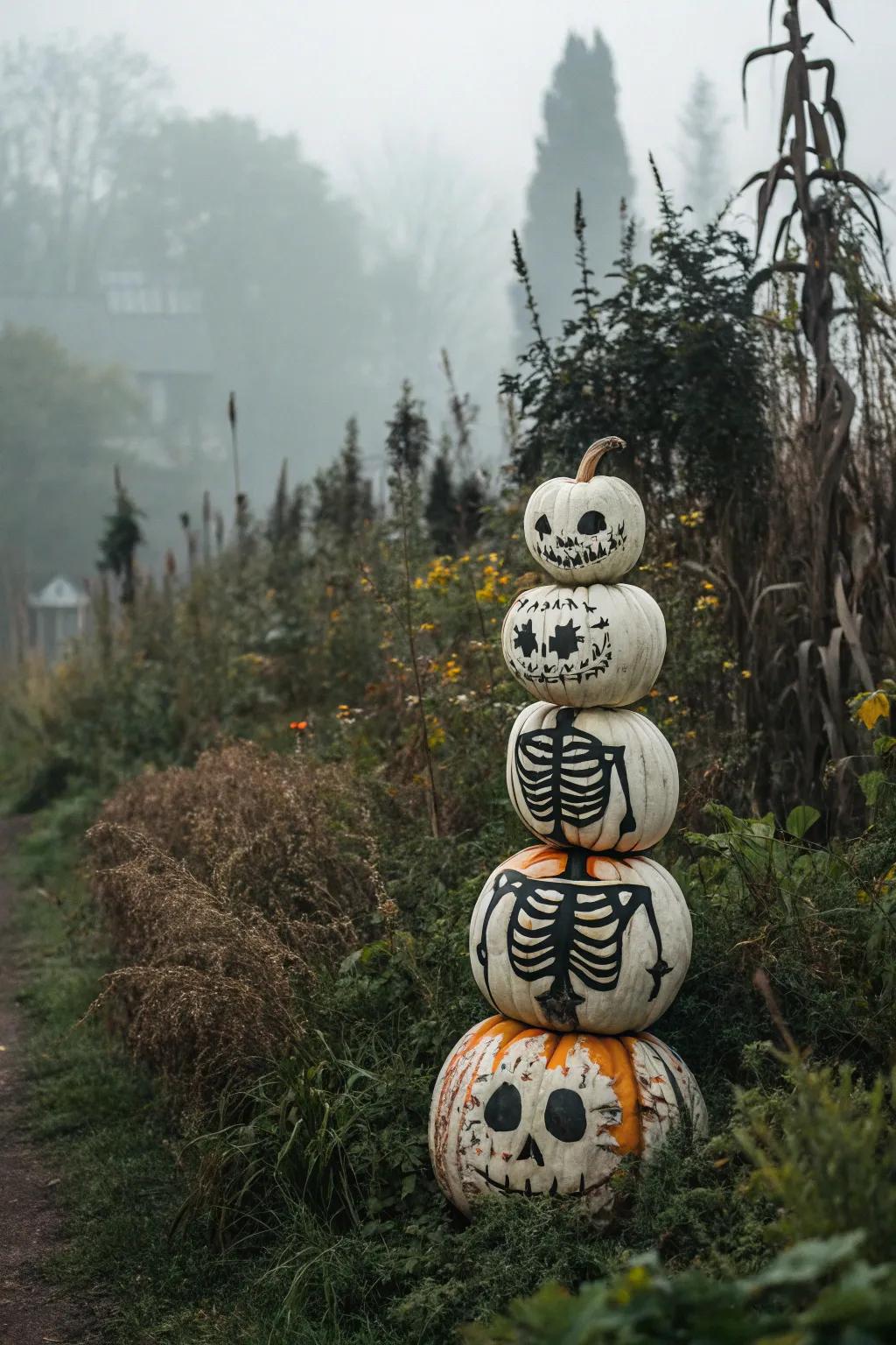 Stacked bony pumpkins make a hauntingly playful display.