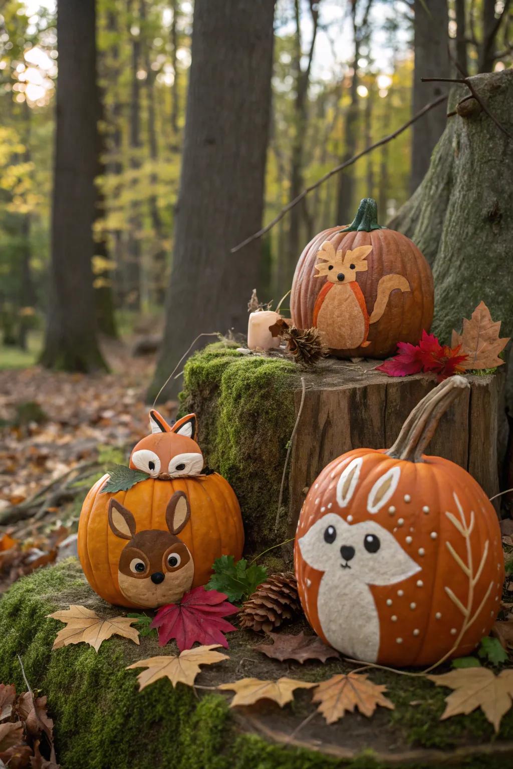 Nature-inspired woodland animal pumpkins for an earthy feel.