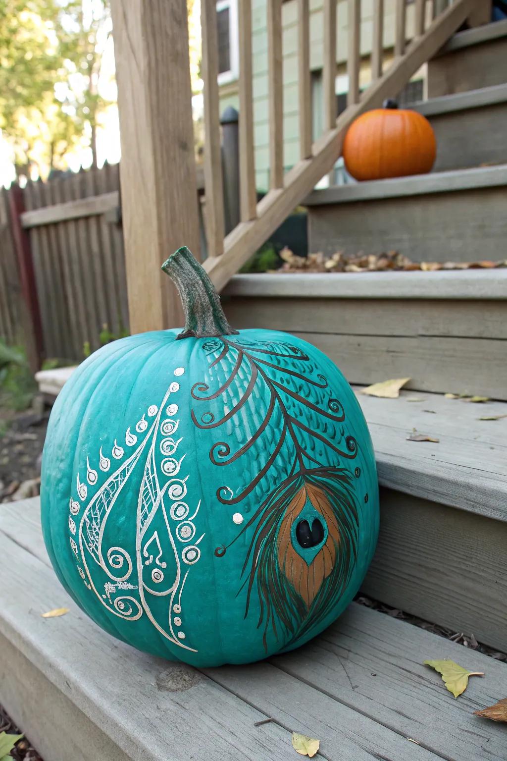 A peacock colored pumpkin that combines beauty with a meaningful cause.