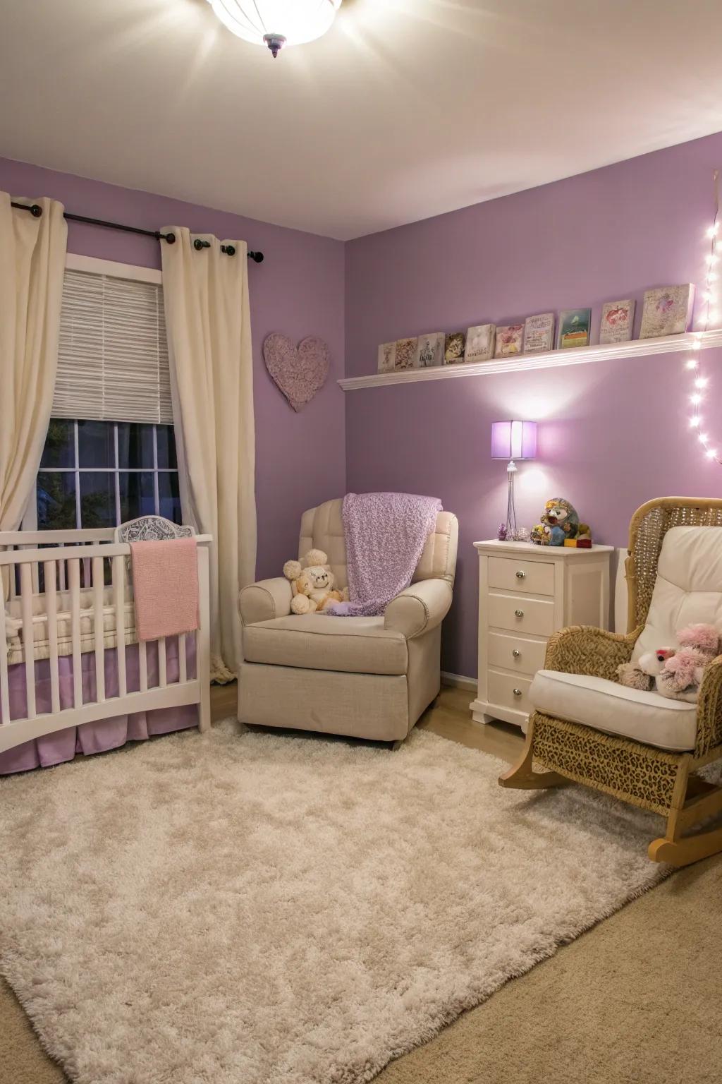 A calming baby space enhanced by soft purple walls.