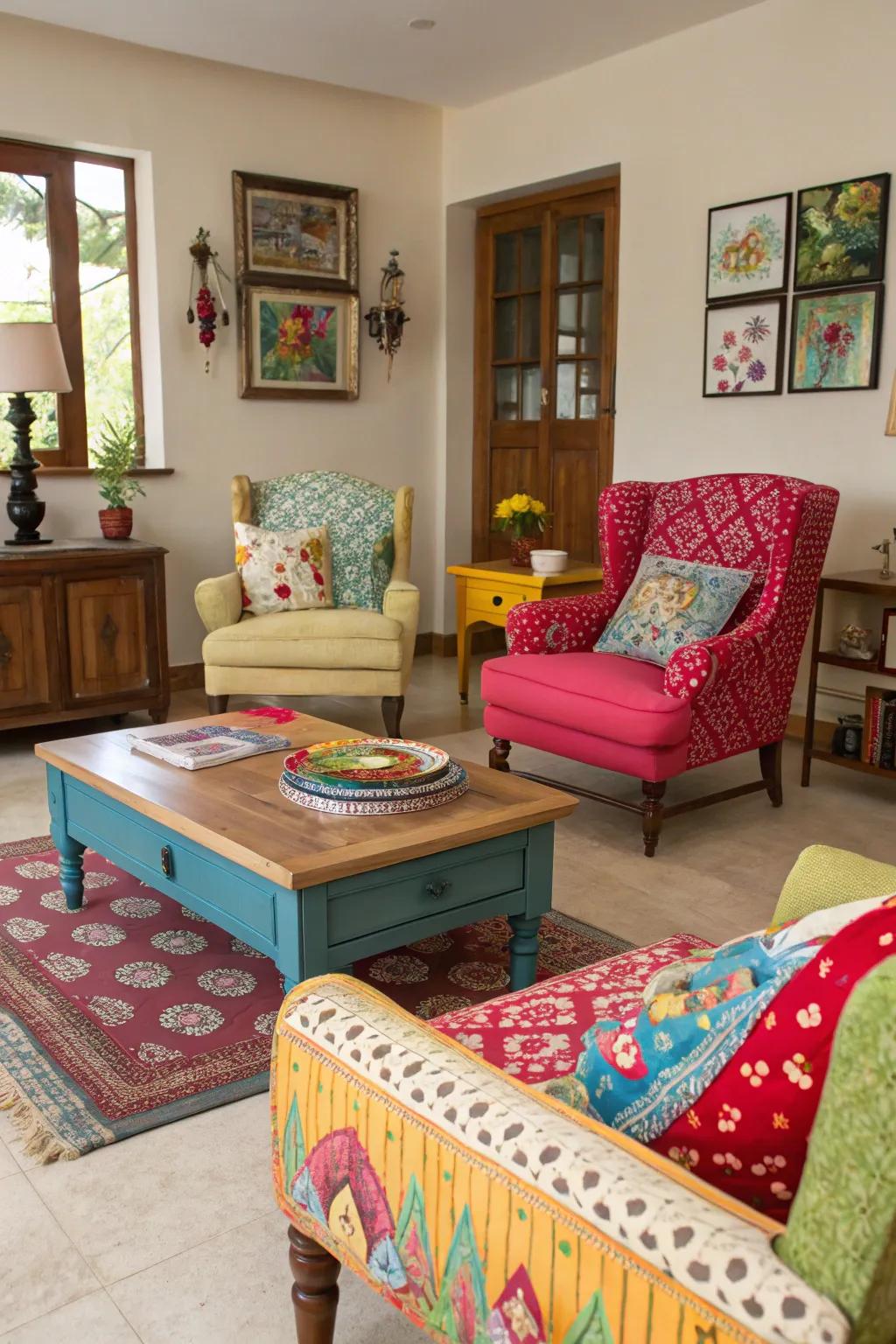 Upcycled furniture with creative paint designs.