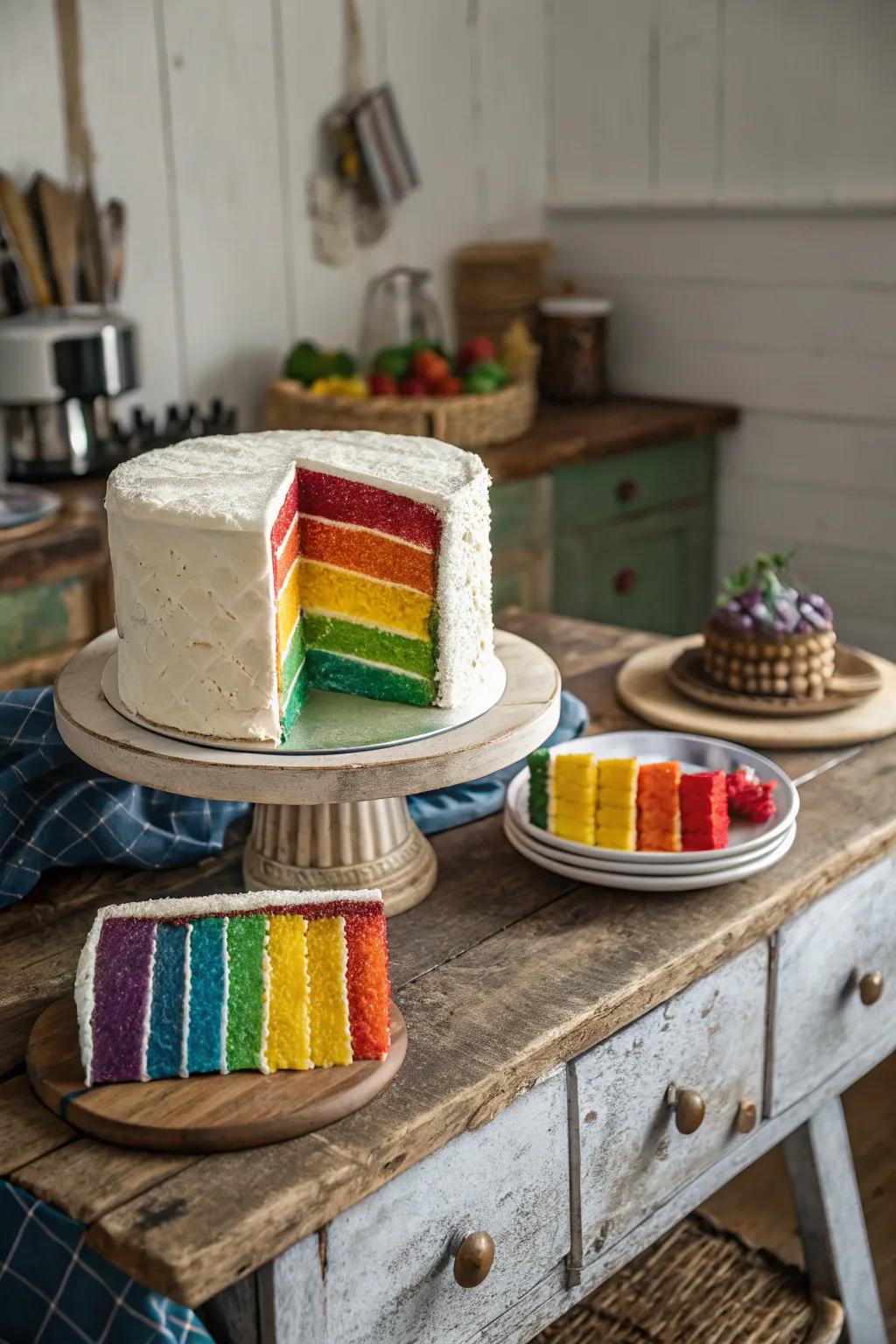 The patchwork design is a creative and vibrant option for a spectrum dessert.